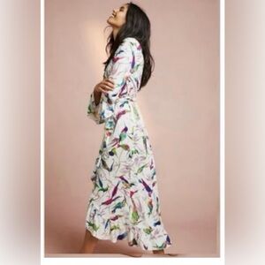 Anthropologie Floreat Aiden Robe 3/4 Sleeve Wrap Dress Bird Print Sz S EUC